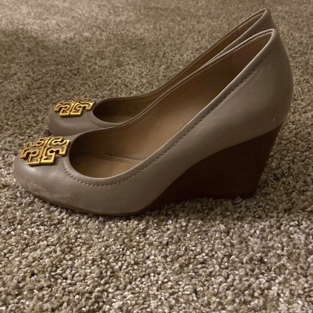 Tory Burch Gray and Gold Wedge Heels